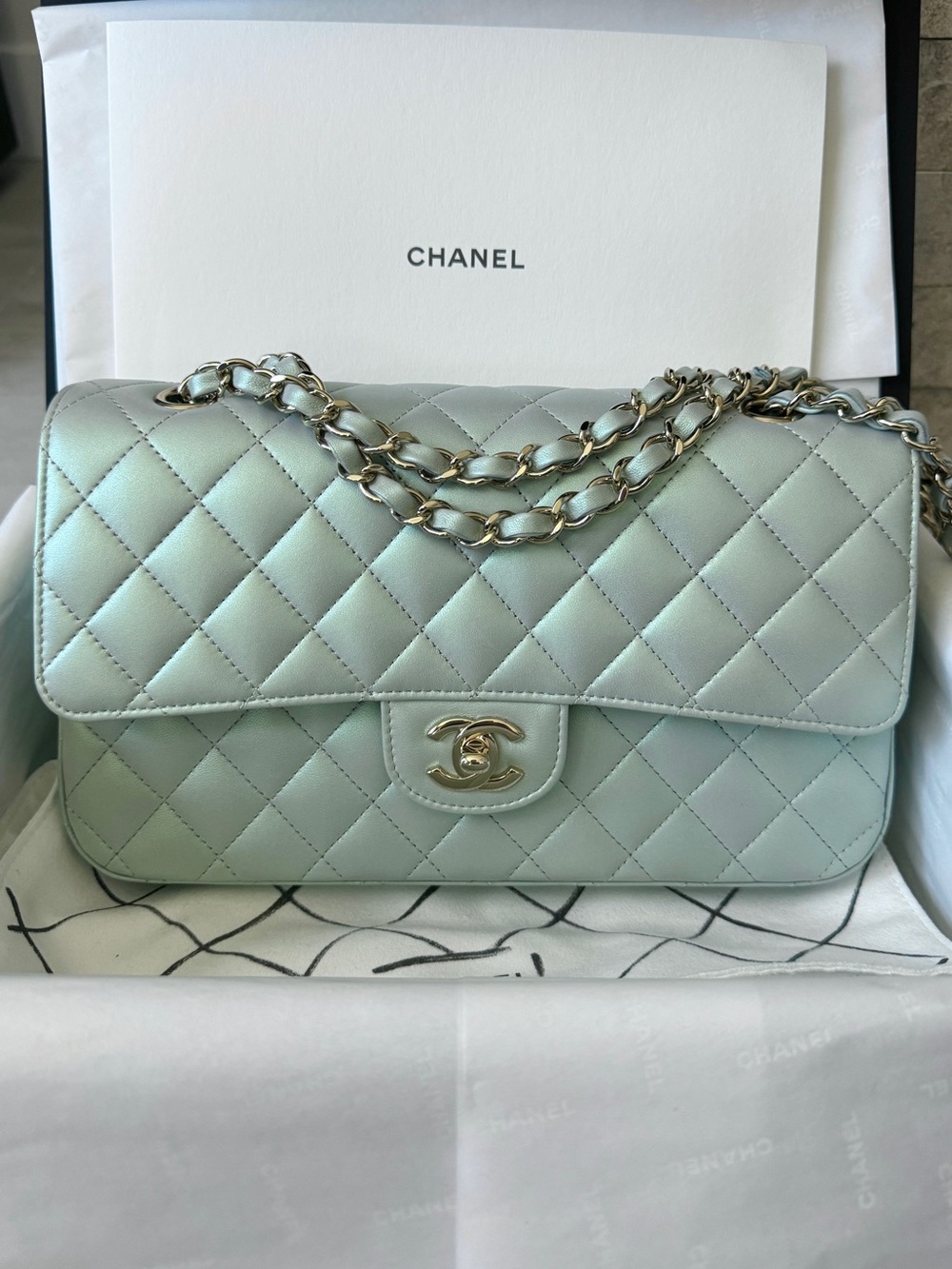 Chanel Iridescent Blue Medium Classic Flap Bag Quilted Lambskin Gold Hardware